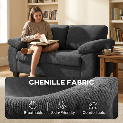 2-Seater Chenille Sofa, Compact 61.4" Fabric Couch with Thick Pocket-Spring Cushion & Wide Padded Arms – Dark Gray
