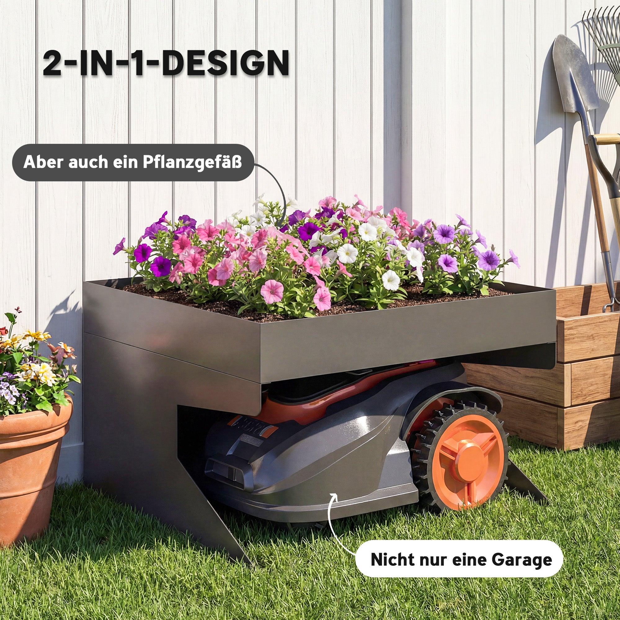 Robot Mower Garage, Galvanized Steel, 75 x 70 x 46 cm (29.5 x 27.6 x 18.1 in) with Planter – Black