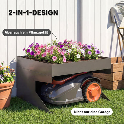 Robot Mower Garage, Galvanized Steel, 75 x 70 x 46 cm (29.5 x 27.6 x 18.1 in) with Planter – Black