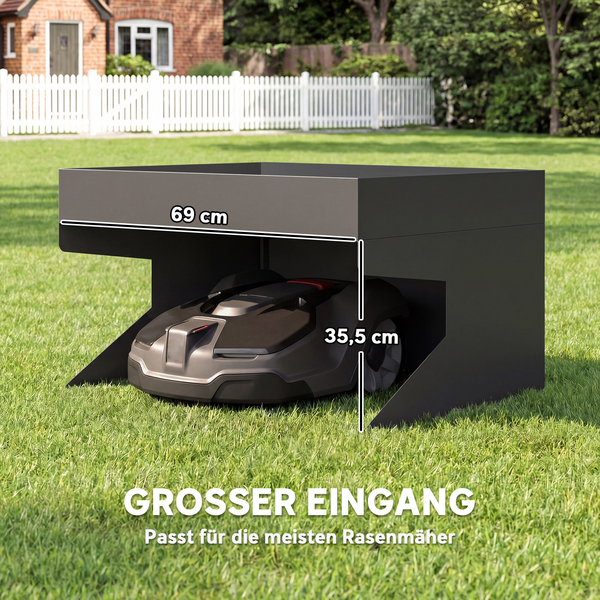 Robot Mower Garage, Galvanized Steel, 75 x 70 x 46 cm (29.5 x 27.6 x 18.1 in) with Planter – Black