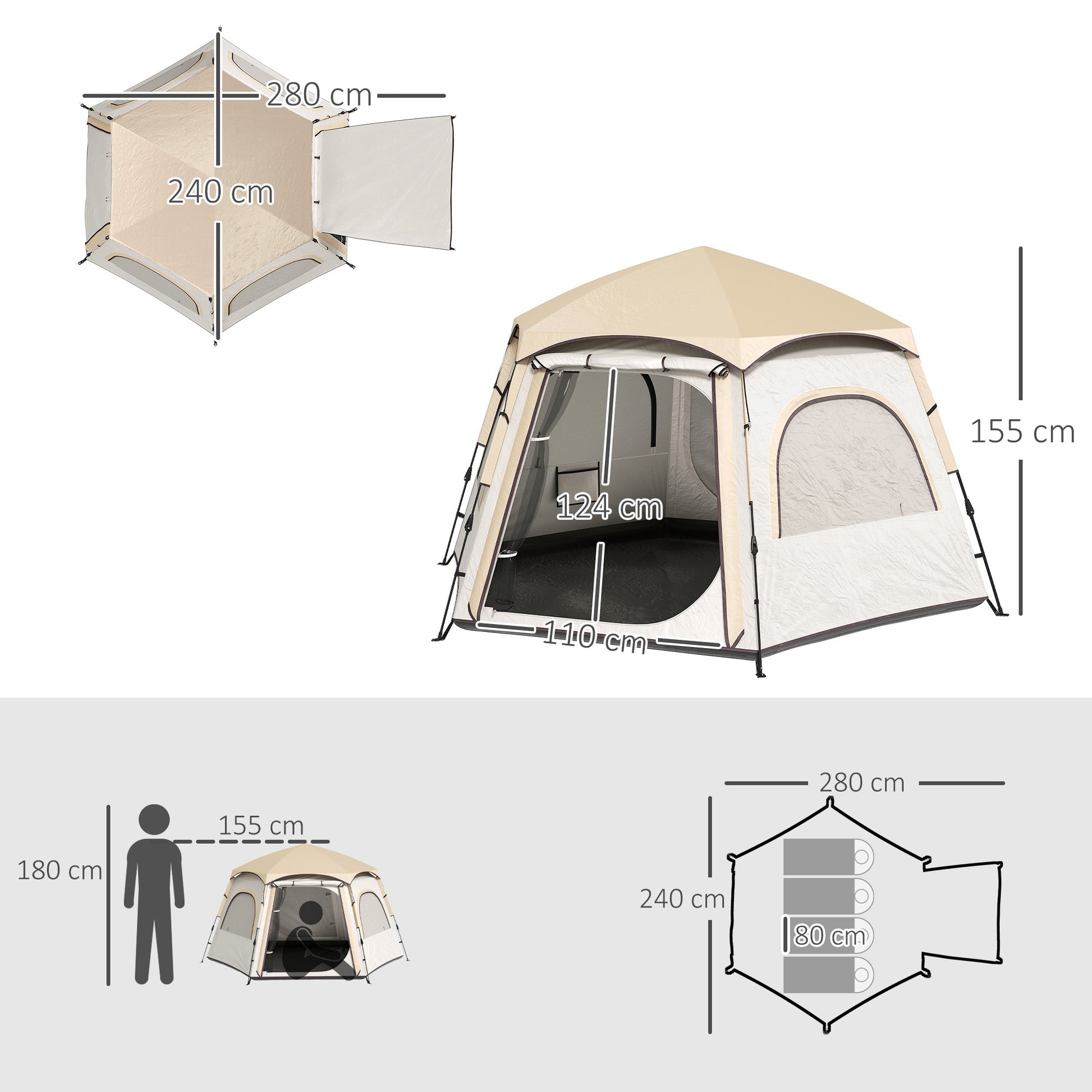 Camping Tent for 2-4 People Foldable Camping Tent Easy Installation Mesh Windows Hook and Carry Bag UV Protection Waterproof for Hiking White and Beige