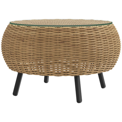 Poly Rattan Side Table Round Coffee Table with Glass Table Top Balcony Table Garden Table Side Table Tea Table Rattan Table for Garden Terrace Balcony, Ø75 x 42 cm Brown