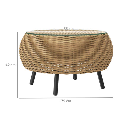 Poly Rattan Side Table Round Coffee Table with Glass Table Top Balcony Table Garden Table Side Table Tea Table Rattan Table for Garden Terrace Balcony, Ø75 x 42 cm Brown