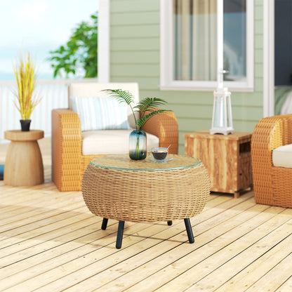 Poly Rattan Side Table Round Coffee Table with Glass Table Top Balcony Table Garden Table Side Table Tea Table Rattan Table for Garden Terrace Balcony, Ø75 x 42 cm Brown