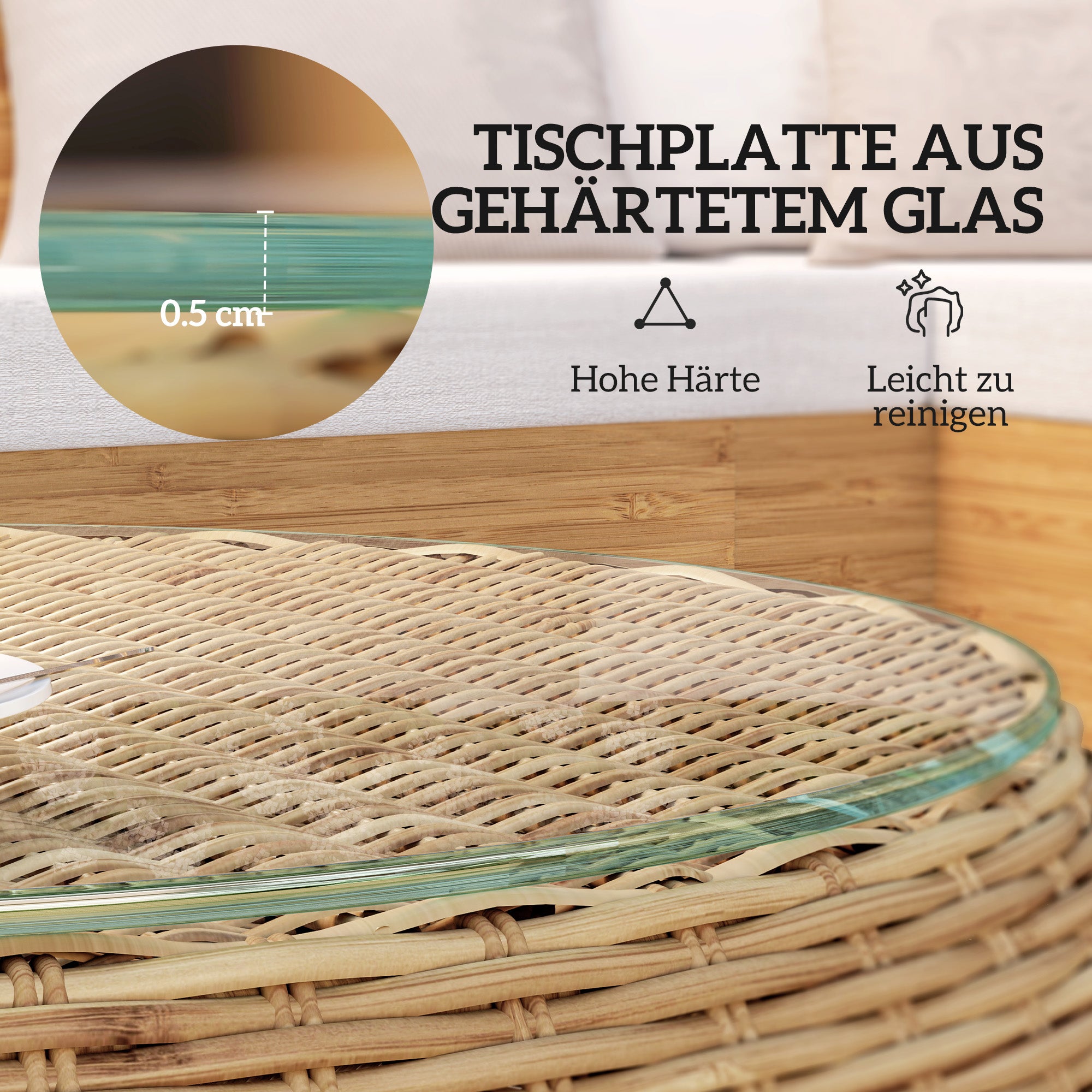 Poly Rattan Side Table Round Coffee Table with Glass Table Top Balcony Table Garden Table Side Table Tea Table Rattan Table for Garden Terrace Balcony, Ø75 x 42 cm Brown