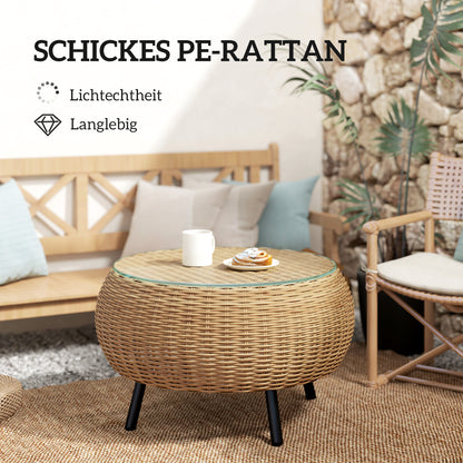 Poly Rattan Side Table Round Coffee Table with Glass Table Top Balcony Table Garden Table Side Table Tea Table Rattan Table for Garden Terrace Balcony, Ø75 x 42 cm Brown