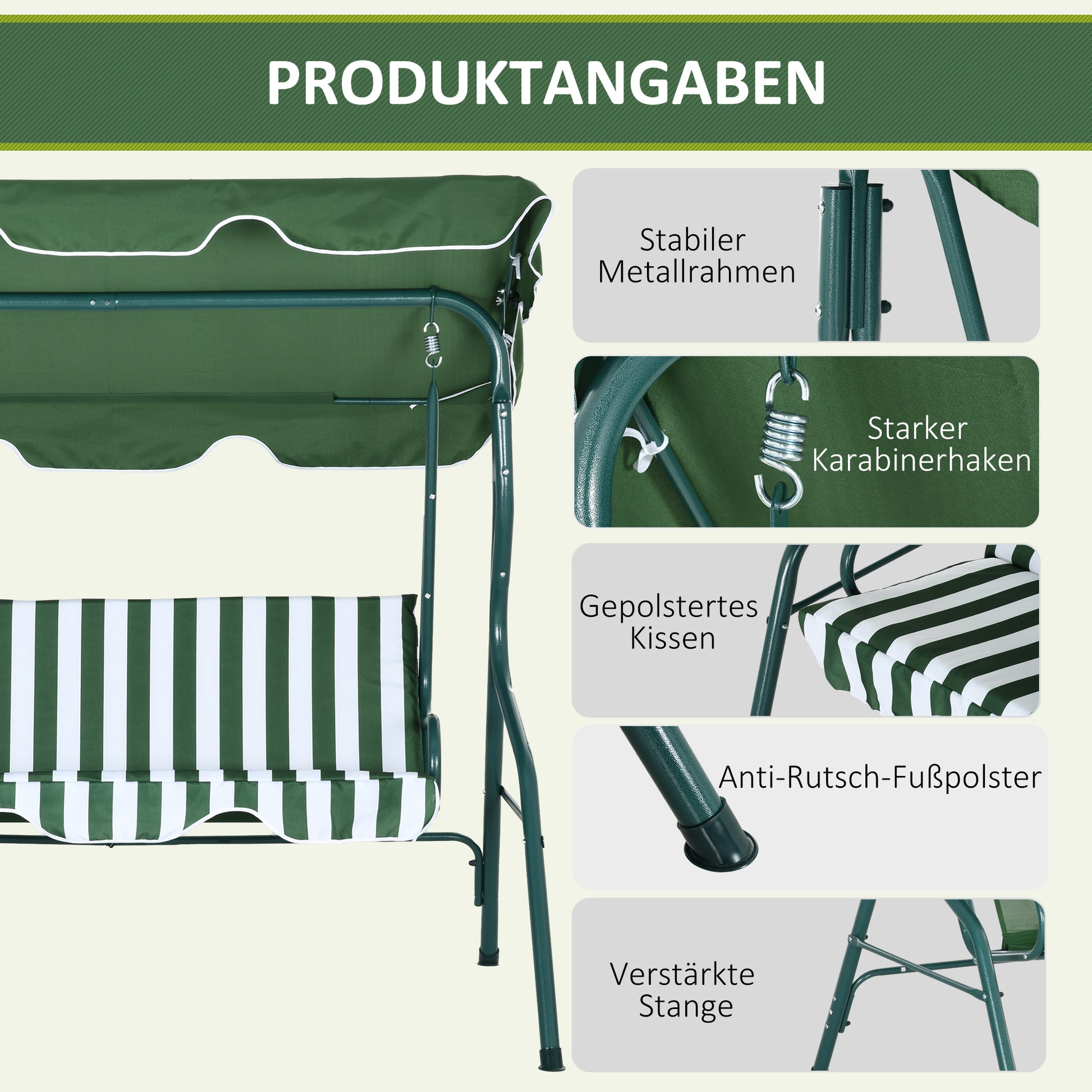 Hollywood Swing, 3-Seater Garden Swing, Swing Bench, Adjustable Sun Canopy, Steel Frame, Green 170 x 110 x 153 cm