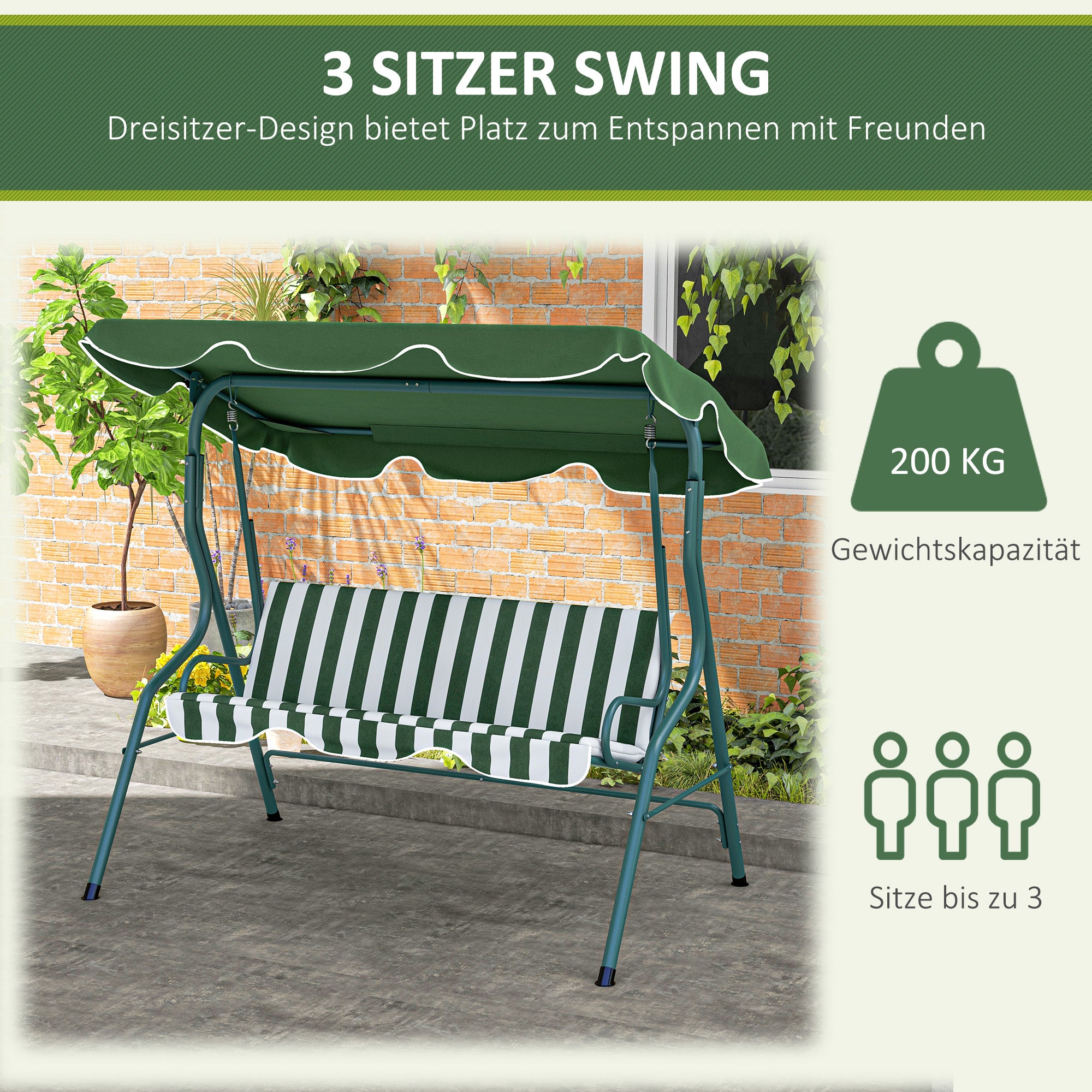 Hollywood Swing, 3-Seater Garden Swing, Swing Bench, Adjustable Sun Canopy, Steel Frame, Green 170 x 110 x 153 cm