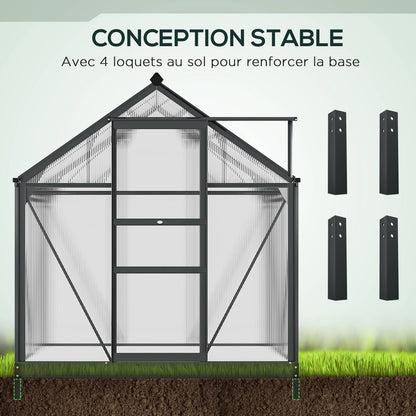 Polycarbonate Garden Greenhouse 2.51 m² Aluminum Greenhouse for Garden 190 x 132 x 201 cm UV-Resistant, with Reinforced Foundation, Gutter, Skylight, and Sliding Door, Gray
