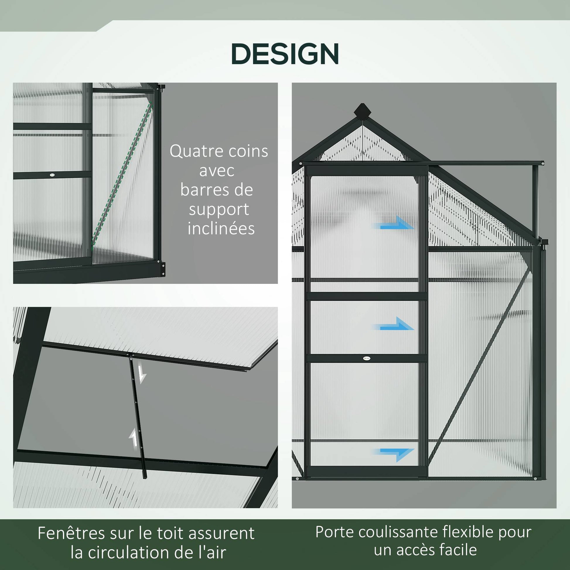 Polycarbonate Garden Greenhouse 2.51 m² Aluminum Greenhouse for Garden 190 x 132 x 201 cm UV-Resistant, with Reinforced Foundation, Gutter, Skylight, and Sliding Door, Gray