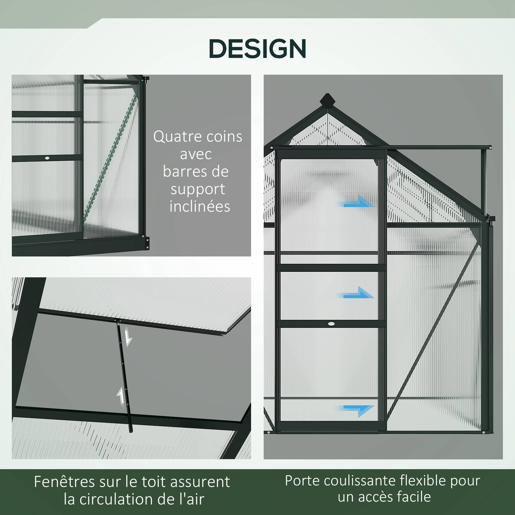 Polycarbonate Garden Greenhouse 2.51 m² Aluminum Greenhouse for Garden 190 x 132 x 201 cm UV-Resistant, with Reinforced Foundation, Gutter, Skylight, and Sliding Door, Gray