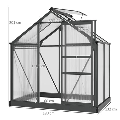 Polycarbonate Garden Greenhouse 2.51 m² Aluminum Greenhouse for Garden 190 x 132 x 201 cm UV-Resistant, with Reinforced Foundation, Gutter, Skylight, and Sliding Door, Gray