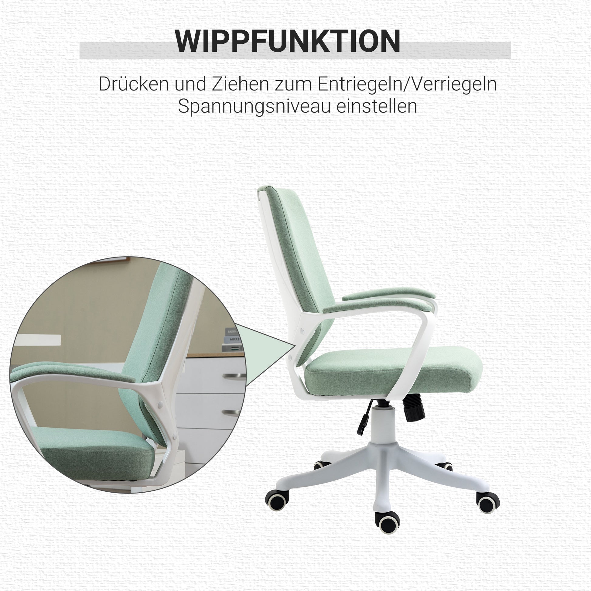Office Chair Desk Chair Home Office Chair with Rocking Function Height Adjustable Thickly Padded Ergonomic 360° Swivel Wheels Polyester Nylon PP Green+White 62x69x92-100 cm