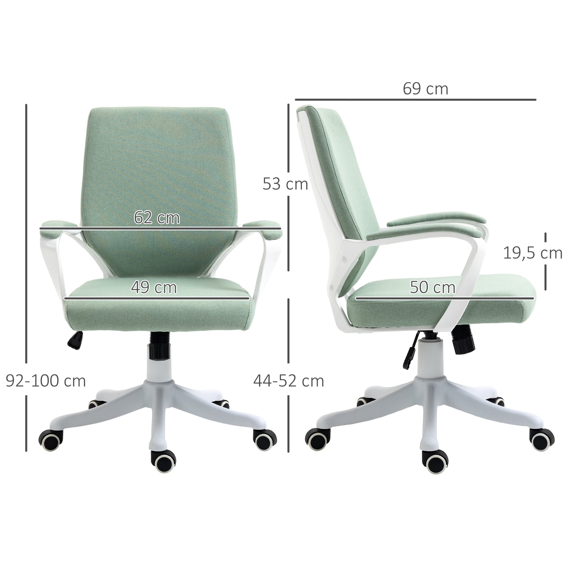 Office Chair Desk Chair Home Office Chair with Rocking Function Height Adjustable Thickly Padded Ergonomic 360° Swivel Wheels Polyester Nylon PP Green+White 62x69x92-100 cm