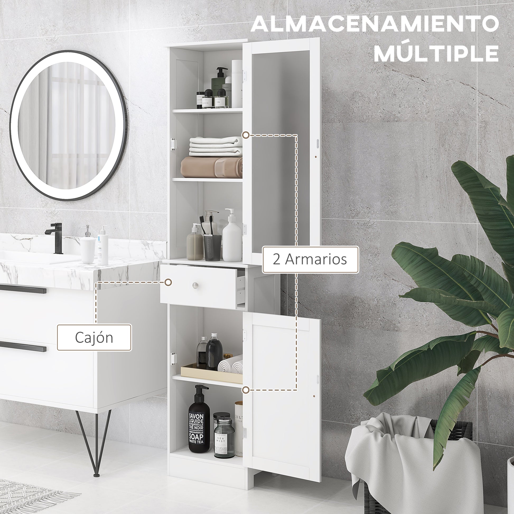 Tall Bathroom Cabinet, Slim Storage Cabinet, with Adjustable Shelves, Drawer, for Small Spaces, Modern, White