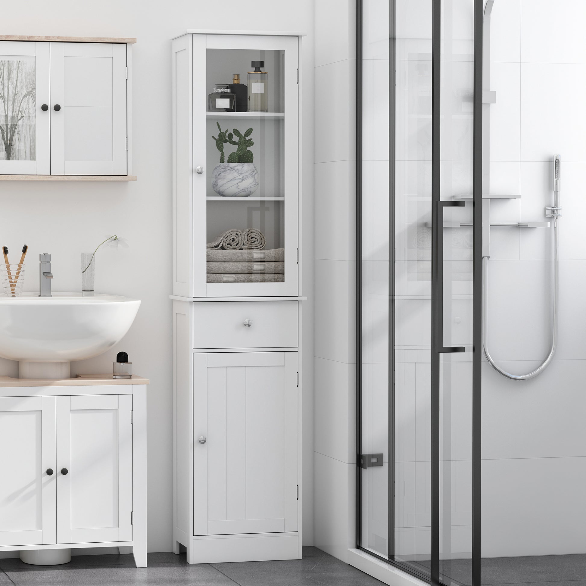 Tall Bathroom Cabinet, Slim Storage Cabinet, with Adjustable Shelves, Drawer, for Small Spaces, Modern, White
