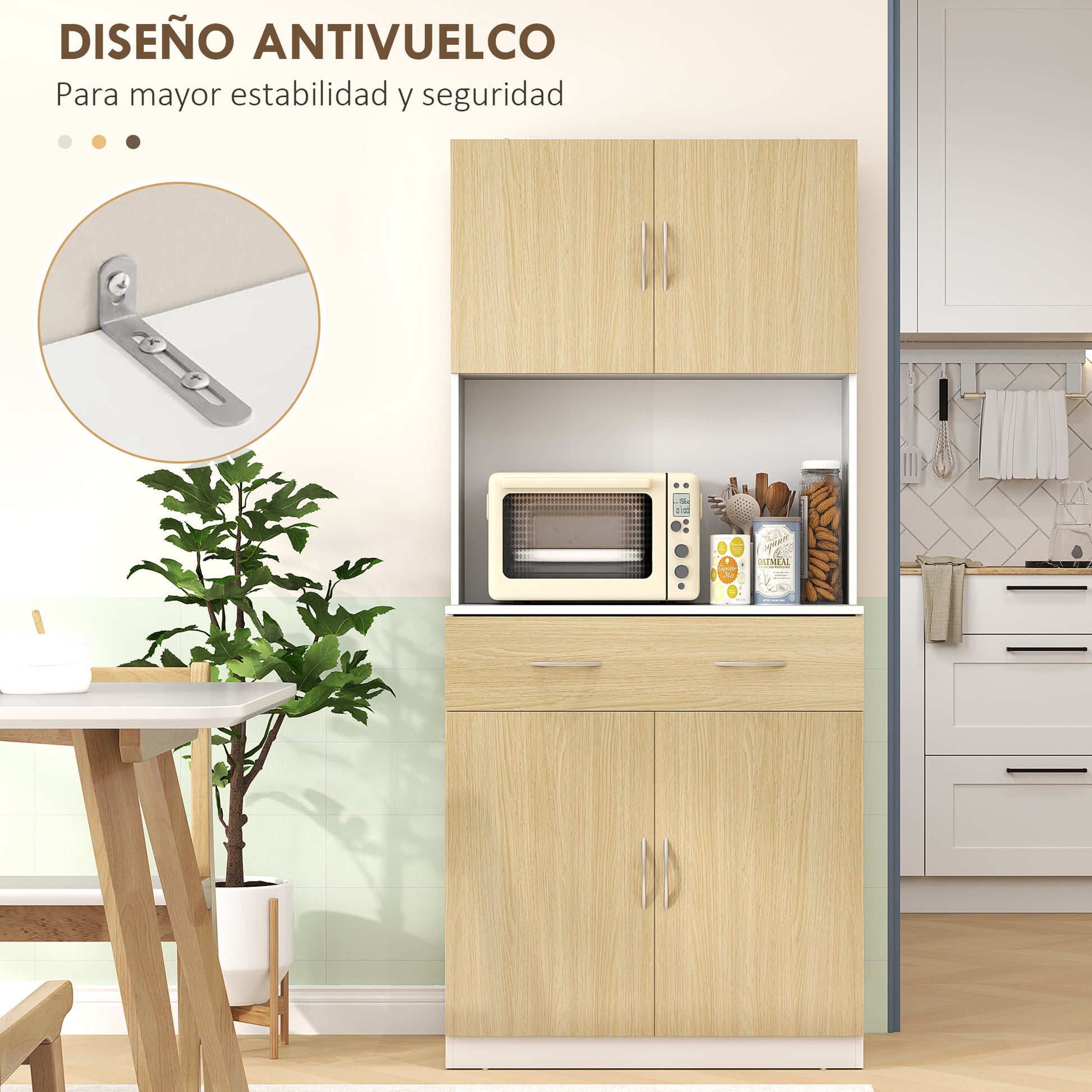 Kitchen Pantry Cabinet Kitchen Sideboard with Doors Drawer and Adjustable Shelves Anti-tilt for Dining Room Living Room 80x40x180 cm Natural and White