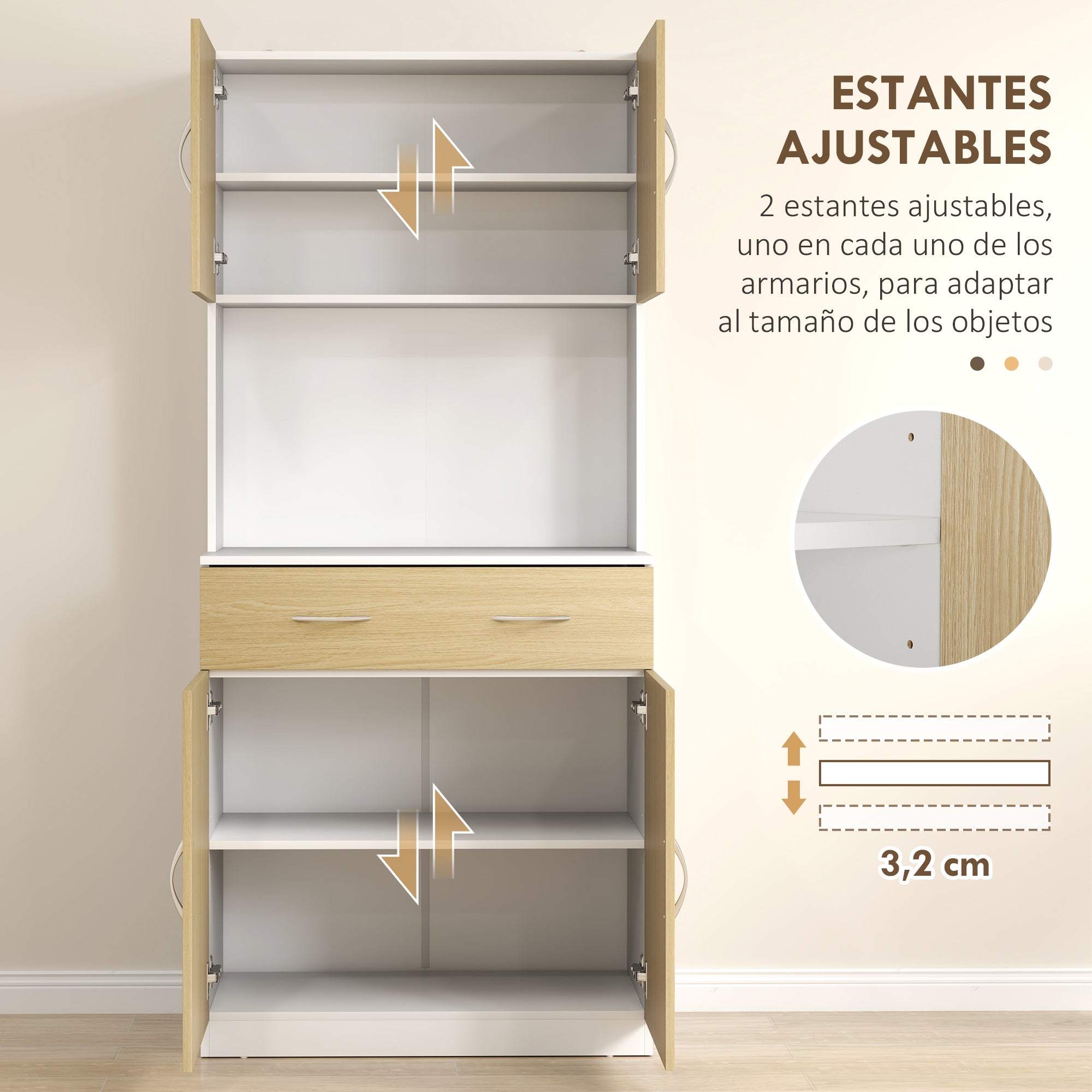 Kitchen Pantry Cabinet Kitchen Sideboard with Doors Drawer and Adjustable Shelves Anti-tilt for Dining Room Living Room 80x40x180 cm Natural and White