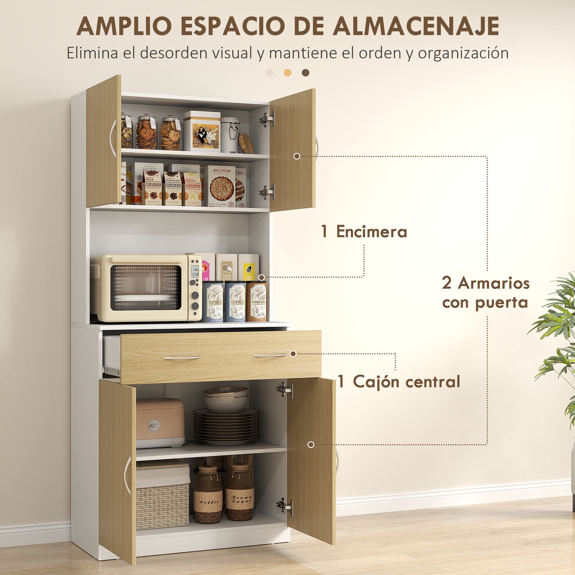 Kitchen Pantry Cabinet Kitchen Sideboard with Doors Drawer and Adjustable Shelves Anti-tilt for Dining Room Living Room 80x40x180 cm Natural and White