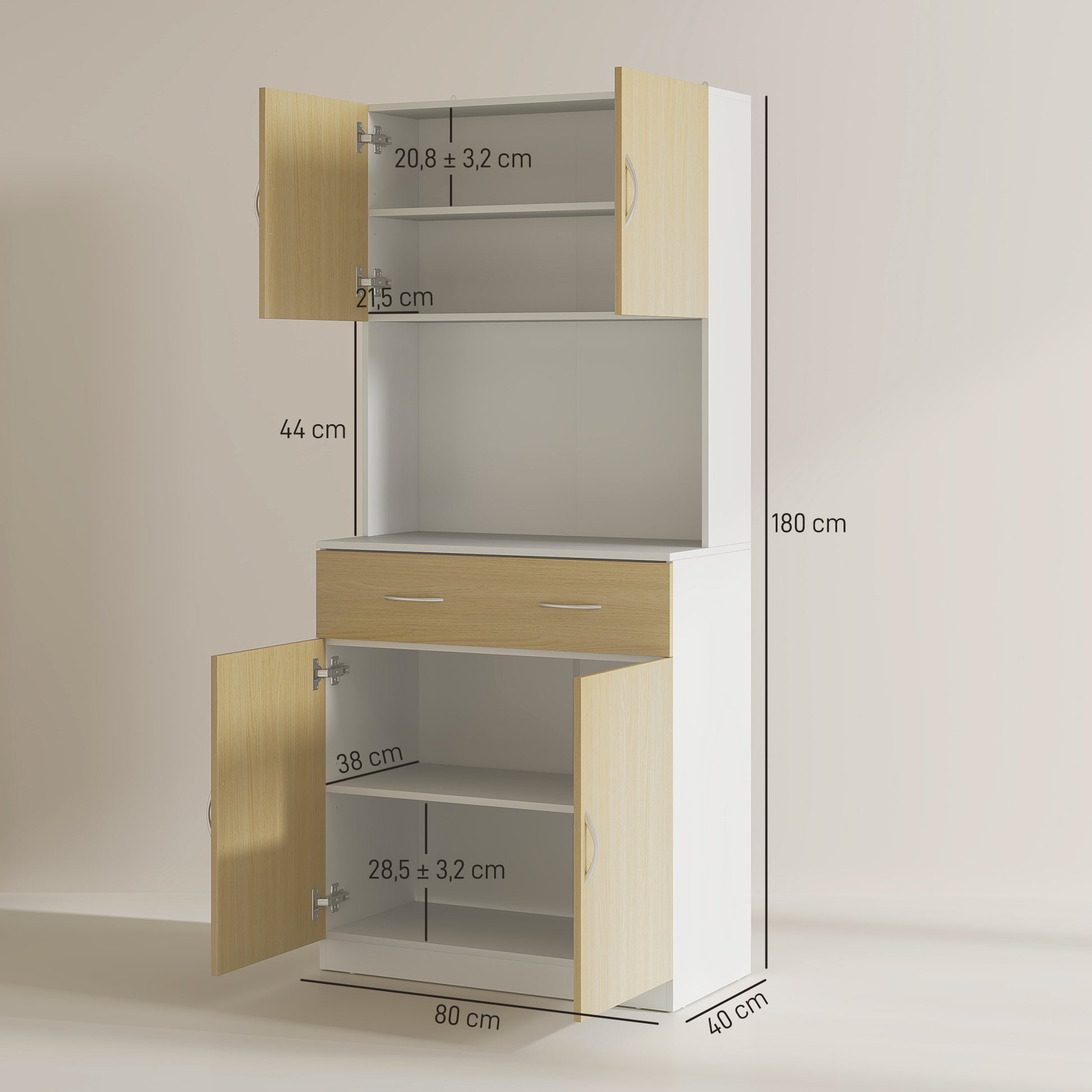 Kitchen Pantry Cabinet Kitchen Sideboard with Doors Drawer and Adjustable Shelves Anti-tilt for Dining Room Living Room 80x40x180 cm Natural and White