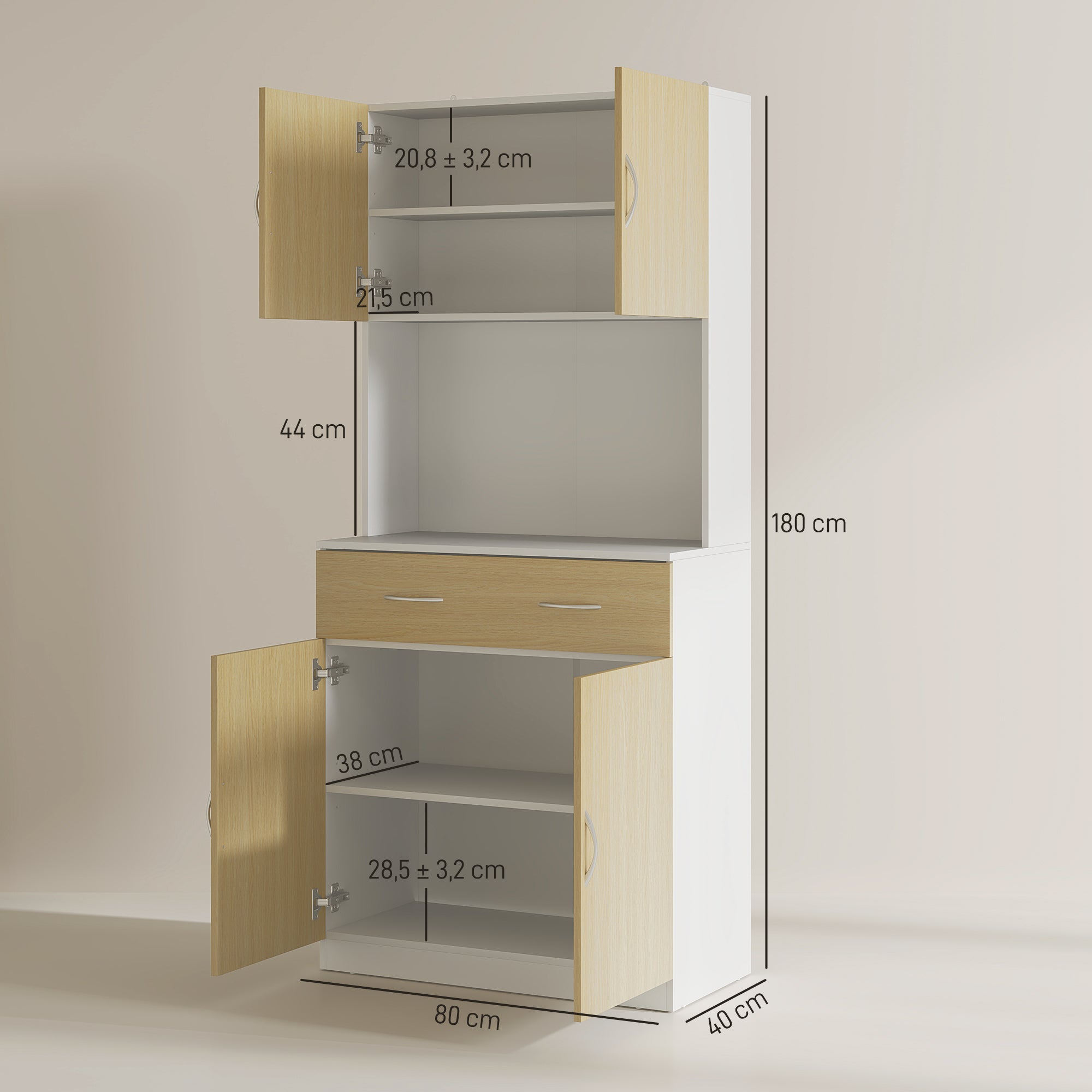 Kitchen Pantry Cabinet Kitchen Sideboard with Doors Drawer and Adjustable Shelves Anti-tilt for Dining Room Living Room 80x40x180 cm Natural and White