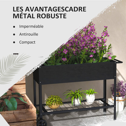 Metal Planting Tray with Stand and Shelf 104L x 39W x 80H cm 2 Wheels + Irrigation Insert Black