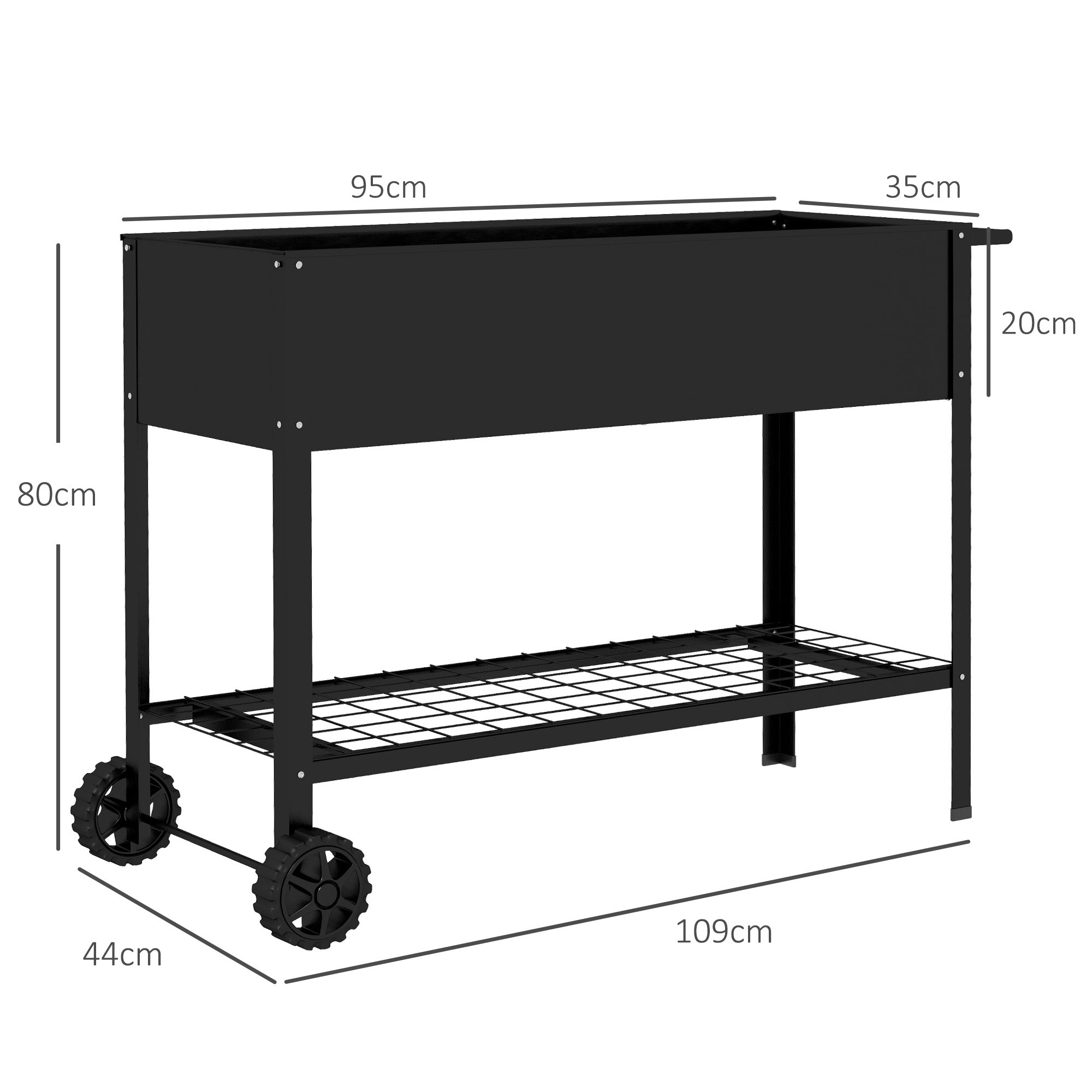 Metal Planting Tray with Stand and Shelf 104L x 39W x 80H cm 2 Wheels + Irrigation Insert Black