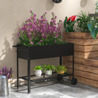 Metal Planting Tray with Stand and Shelf 104L x 39W x 80H cm 2 Wheels + Irrigation Insert Black
