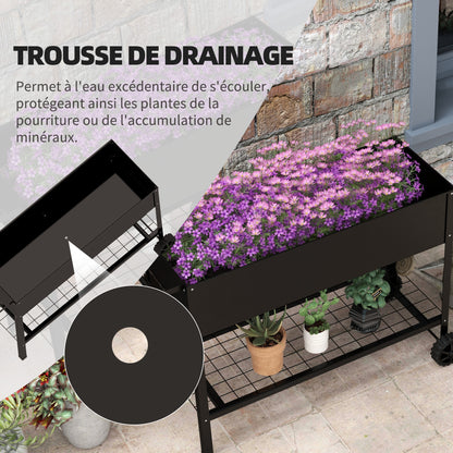 Metal Planting Tray with Stand and Shelf 104L x 39W x 80H cm 2 Wheels + Irrigation Insert Black