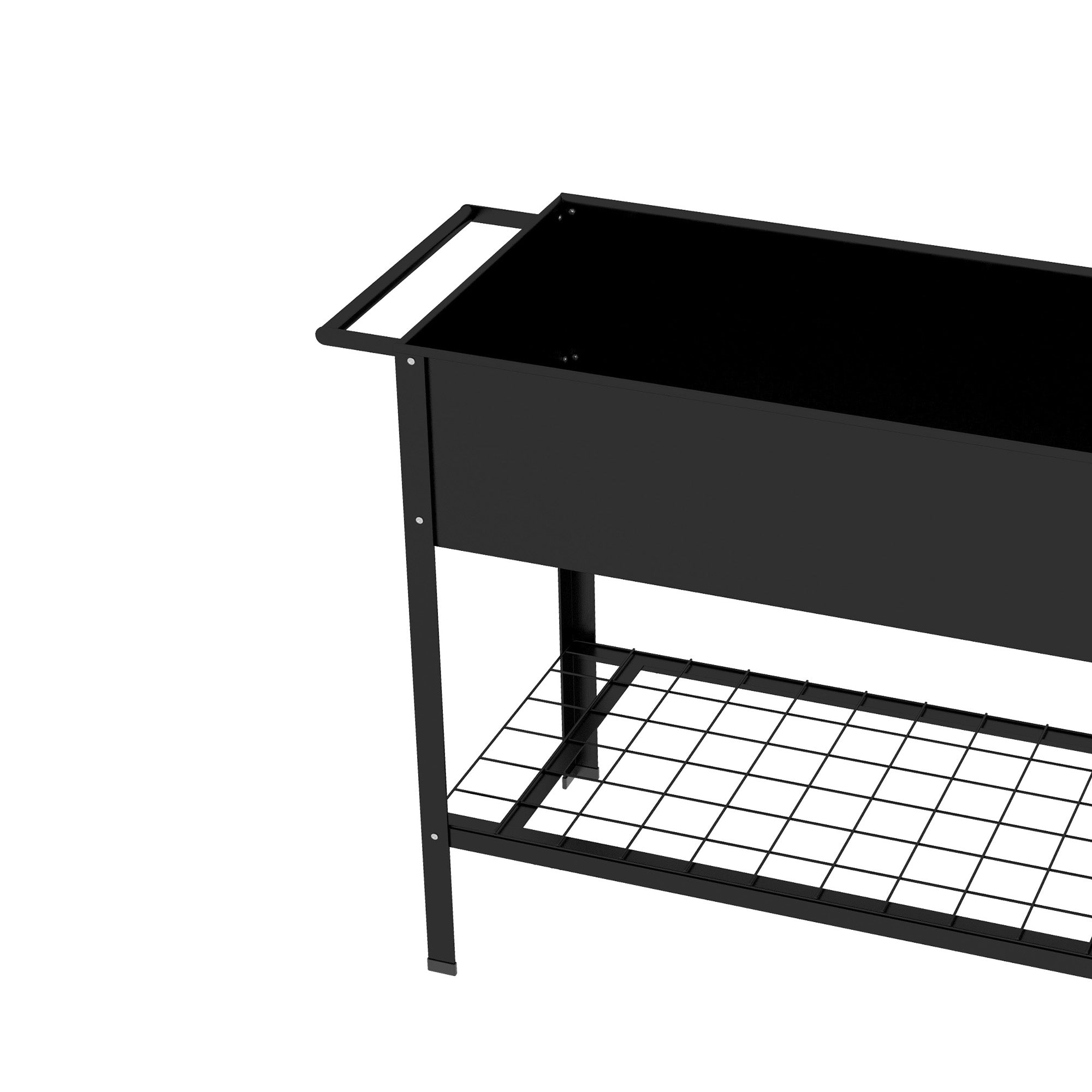 Metal Planting Tray with Stand and Shelf 104L x 39W x 80H cm 2 Wheels + Irrigation Insert Black