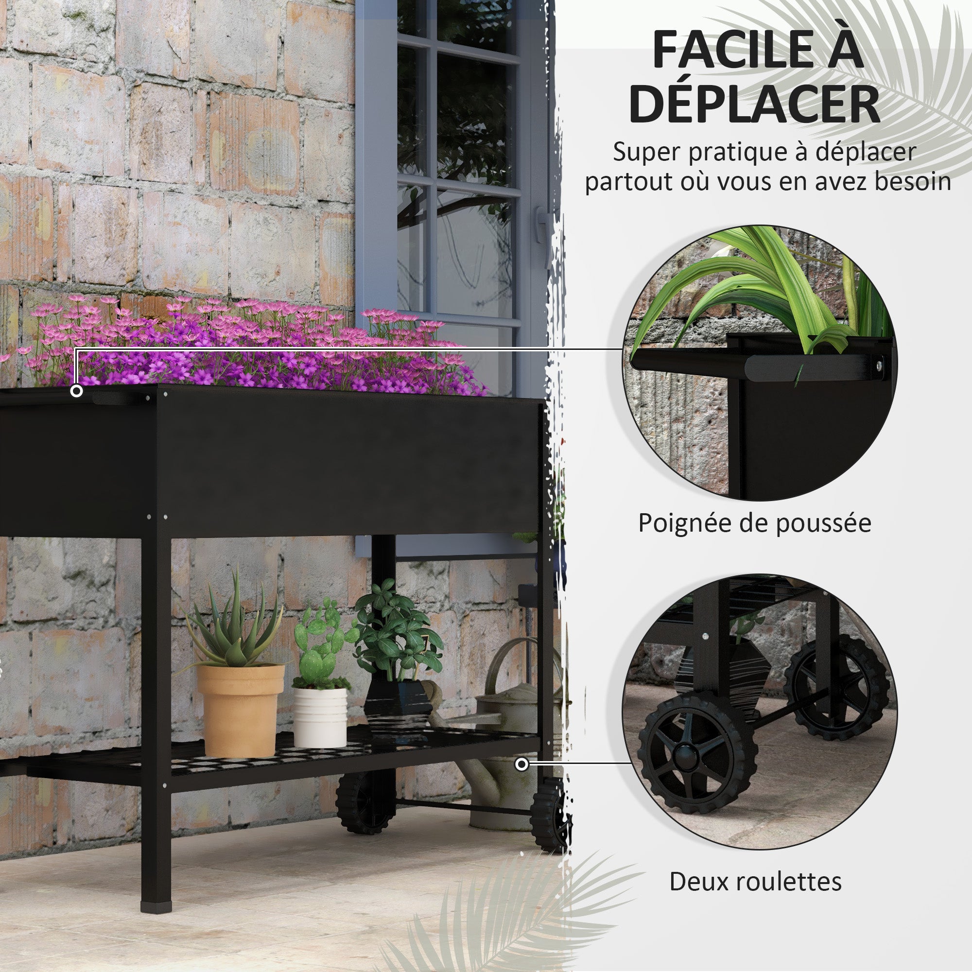 Metal Planting Tray with Stand and Shelf 104L x 39W x 80H cm 2 Wheels + Irrigation Insert Black