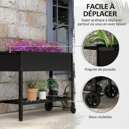 Metal Planting Tray with Stand and Shelf 104L x 39W x 80H cm 2 Wheels + Irrigation Insert Black