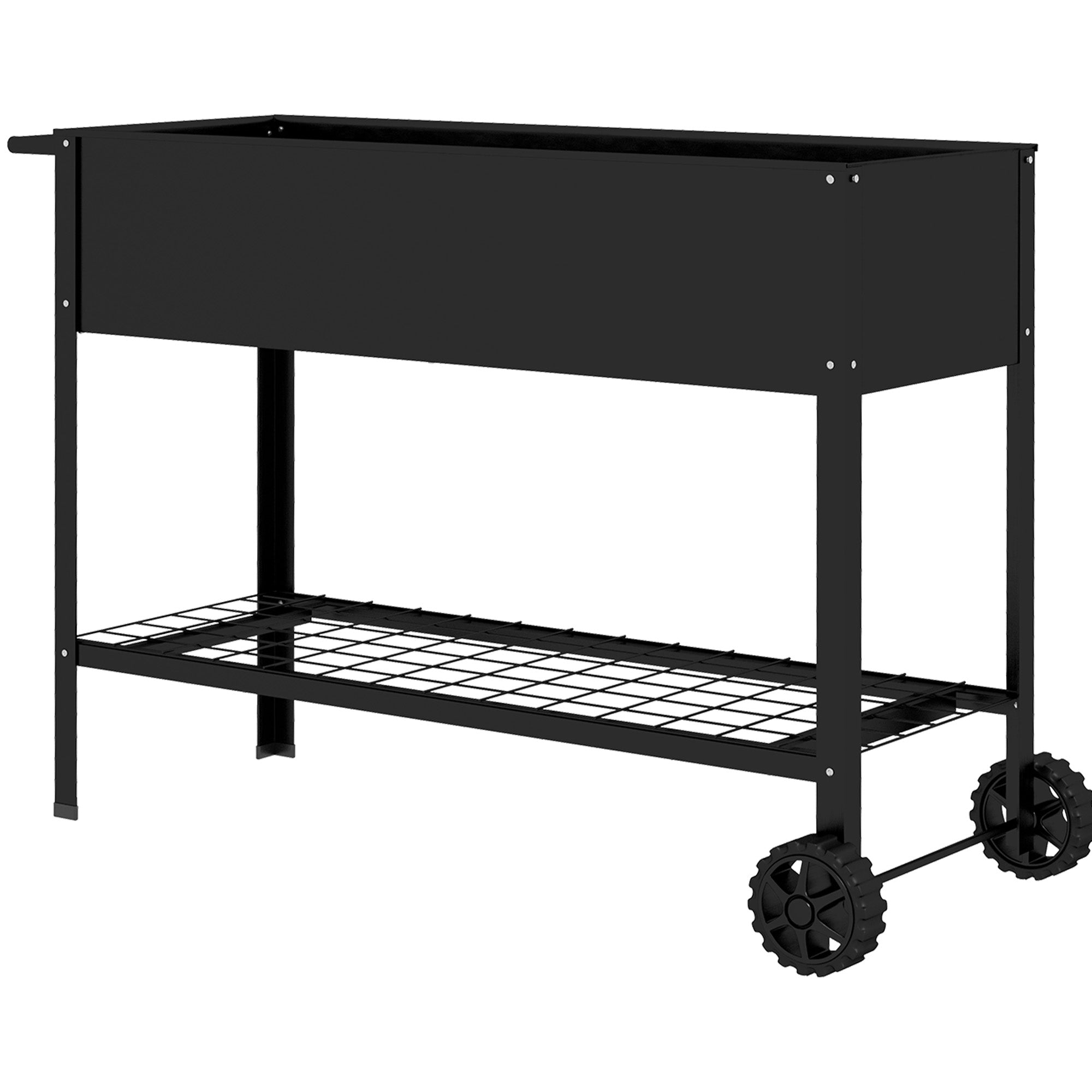 Metal Planting Tray with Stand and Shelf 104L x 39W x 80H cm 2 Wheels + Irrigation Insert Black