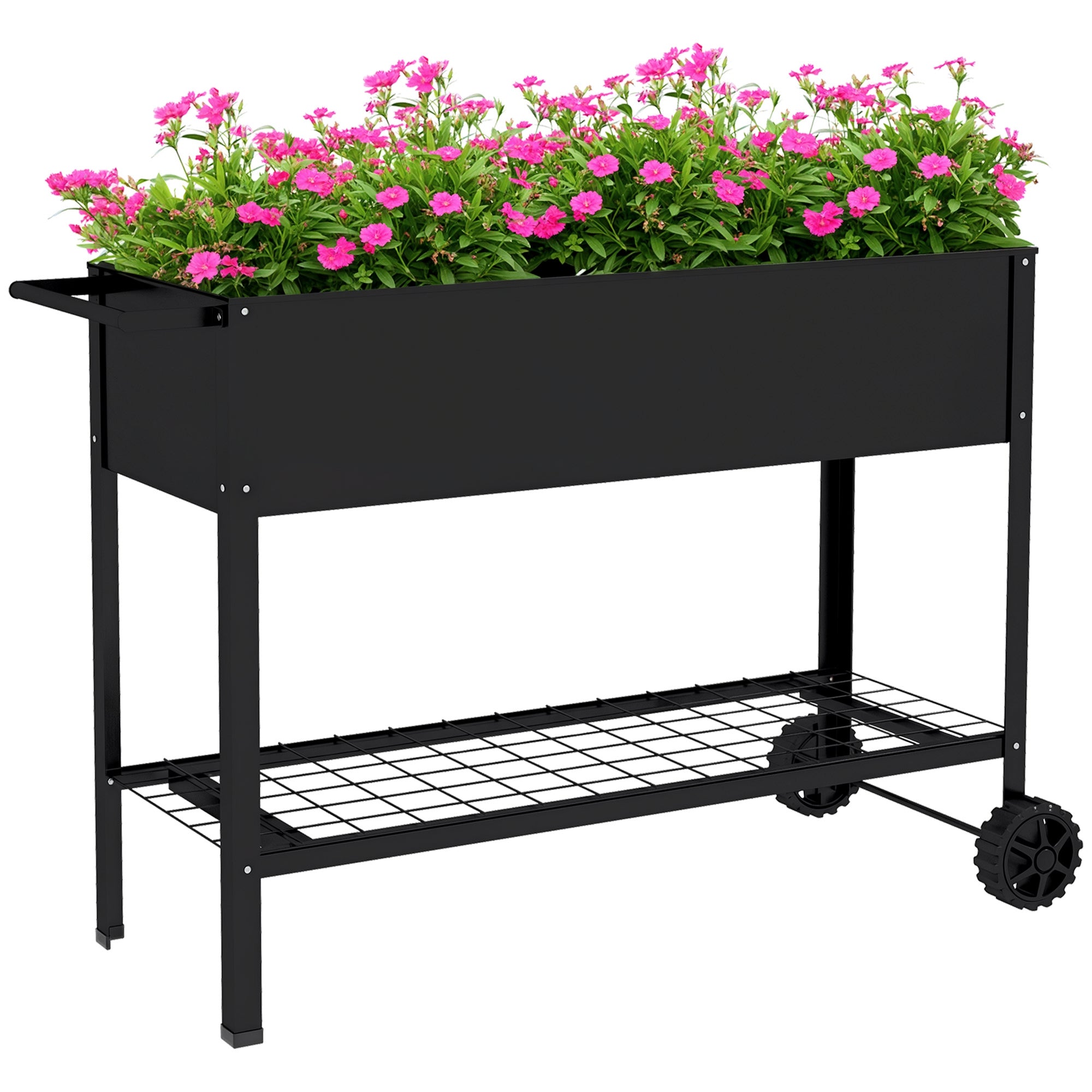 Metal Planting Tray with Stand and Shelf 104L x 39W x 80H cm 2 Wheels + Irrigation Insert Black