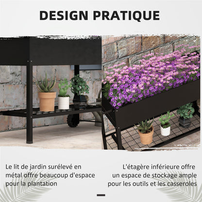 Metal Planting Tray with Stand and Shelf 104L x 39W x 80H cm 2 Wheels + Irrigation Insert Black