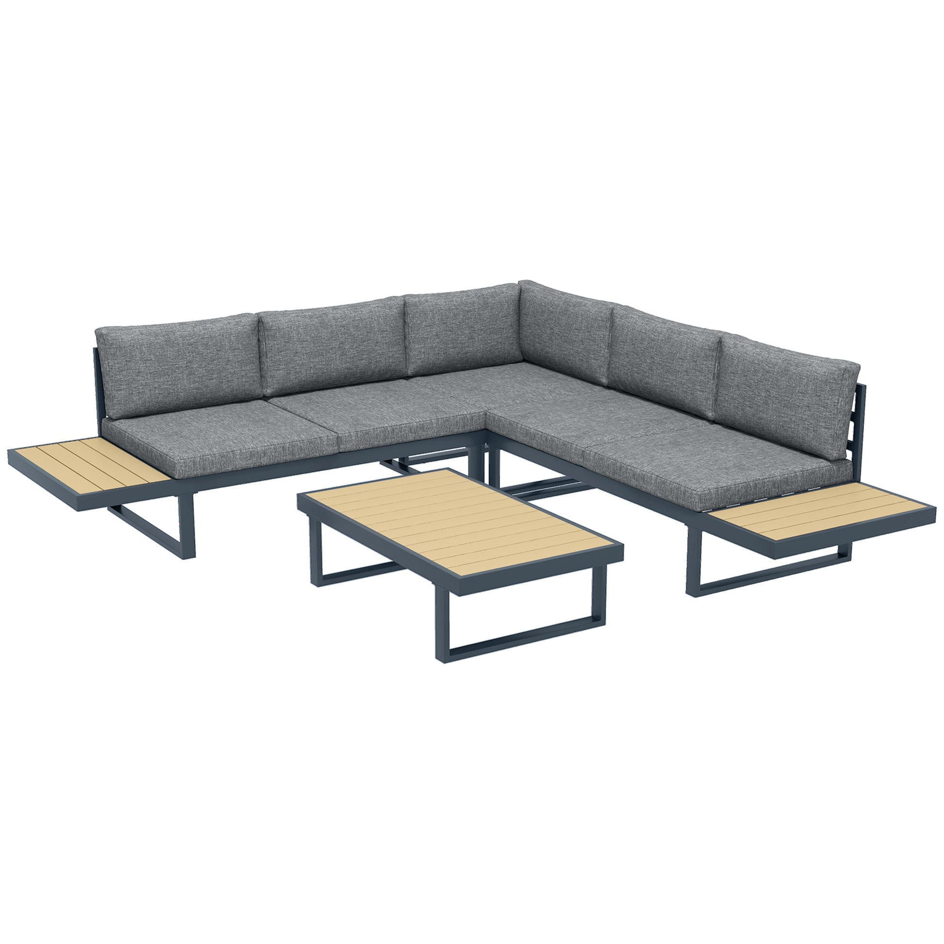 Outdoor Corner Garden Lounge Sofa Contemporary Design 5 Seater Furniture with Cushions Aluminum Coffee Table in Anthracite Grey and Wood Imitation