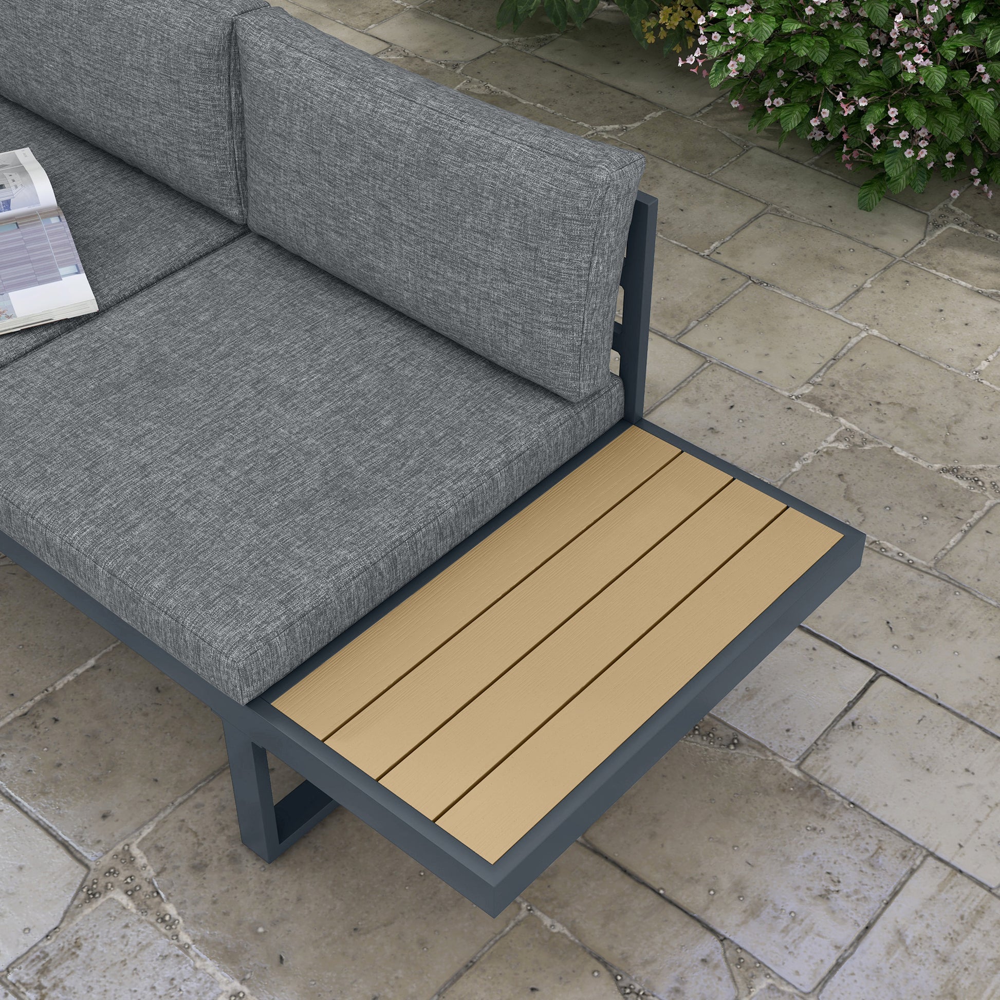 Outdoor Corner Garden Lounge Sofa Contemporary Design 5 Seater Furniture with Cushions Aluminum Coffee Table in Anthracite Grey and Wood Imitation