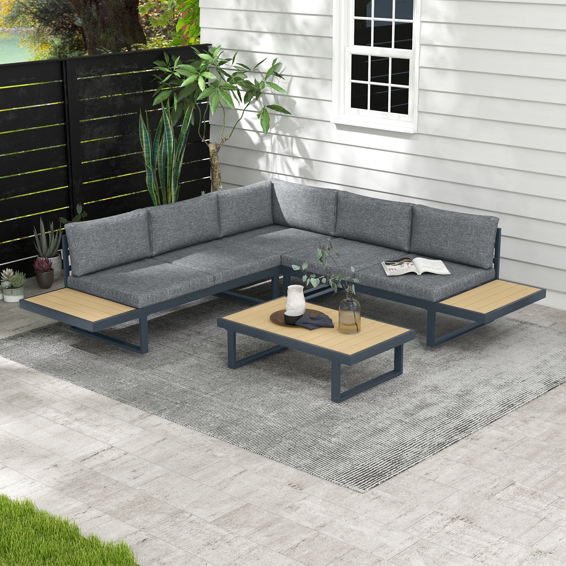 Outdoor Corner Garden Lounge Sofa Contemporary Design 5 Seater Furniture with Cushions Aluminum Coffee Table in Anthracite Grey and Wood Imitation