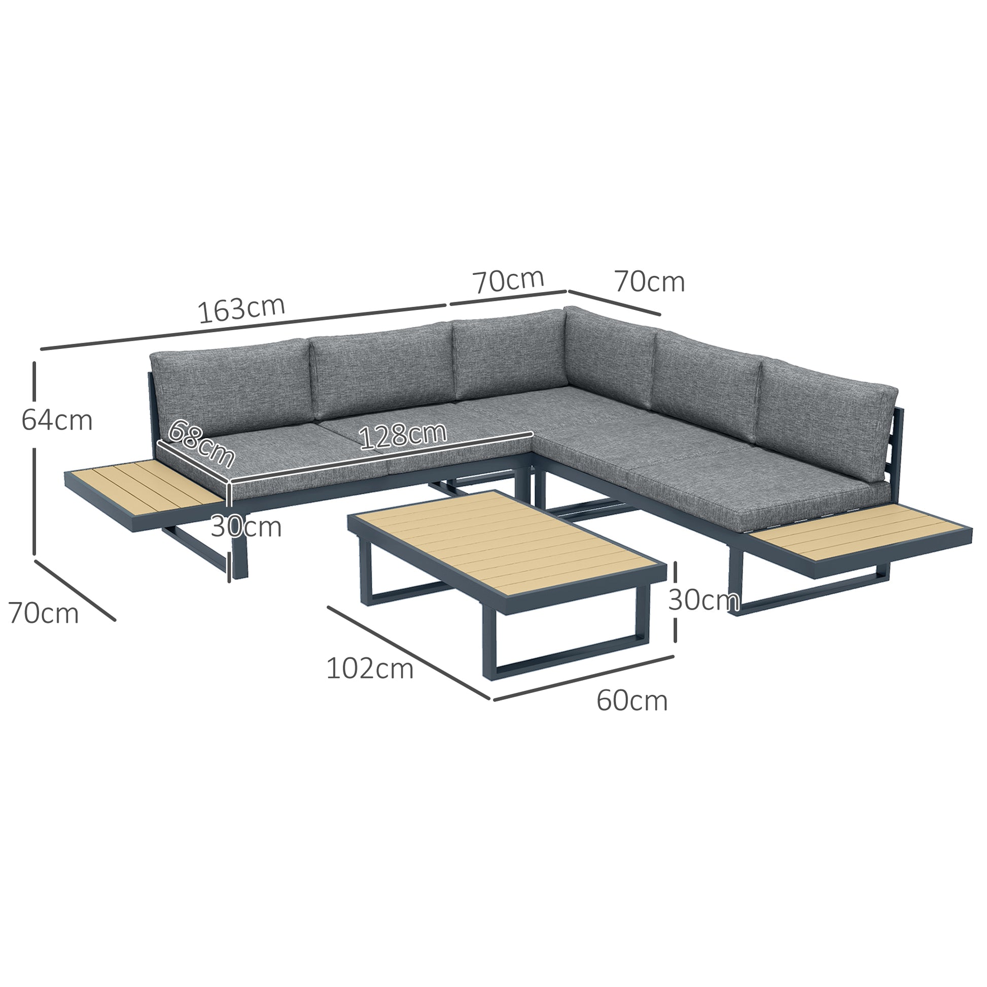 Outdoor Corner Garden Lounge Sofa Contemporary Design 5 Seater Furniture with Cushions Aluminum Coffee Table in Anthracite Grey and Wood Imitation