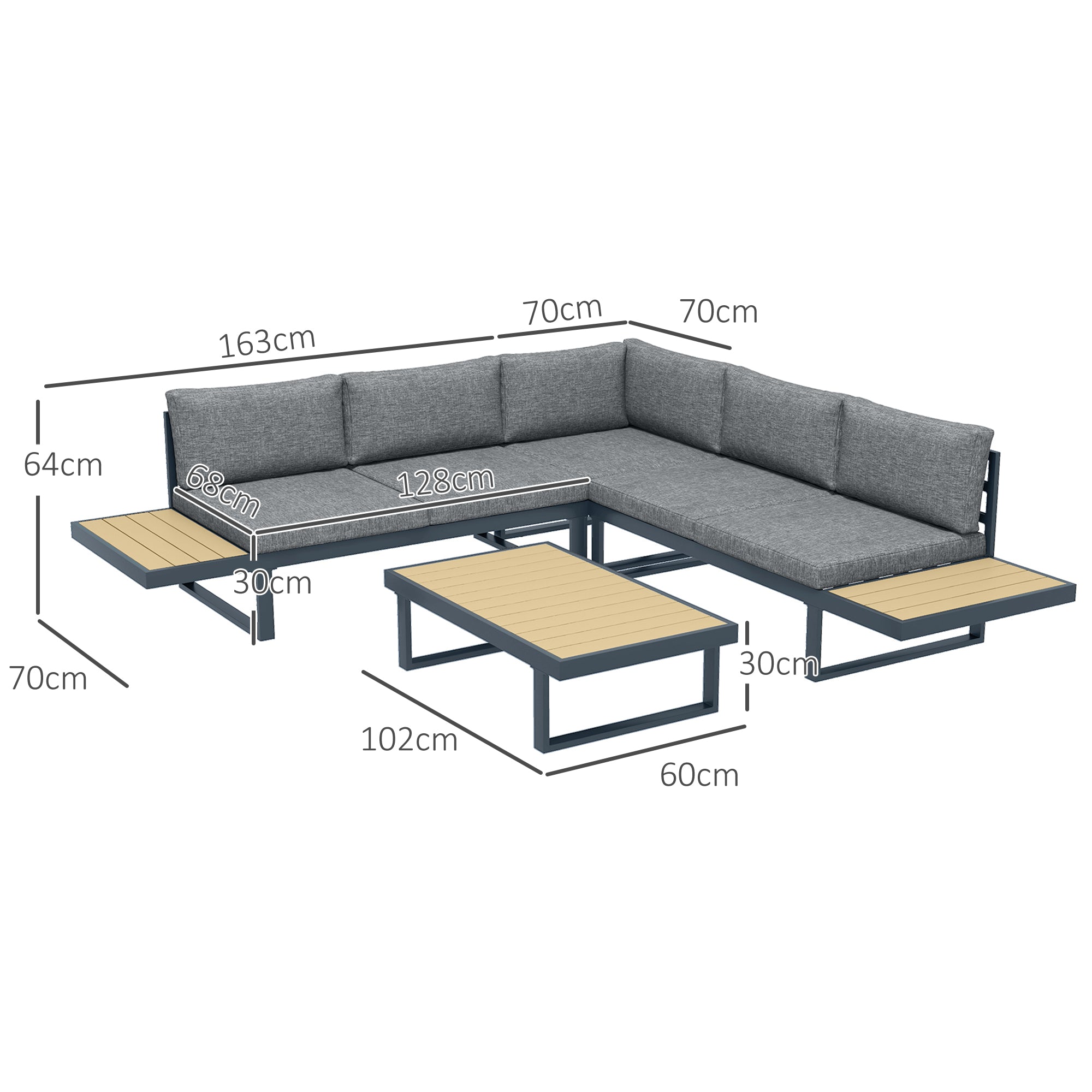 Outdoor Corner Garden Lounge Sofa Contemporary Design 5 Seater Furniture with Cushions Aluminum Coffee Table in Anthracite Grey and Wood Imitation