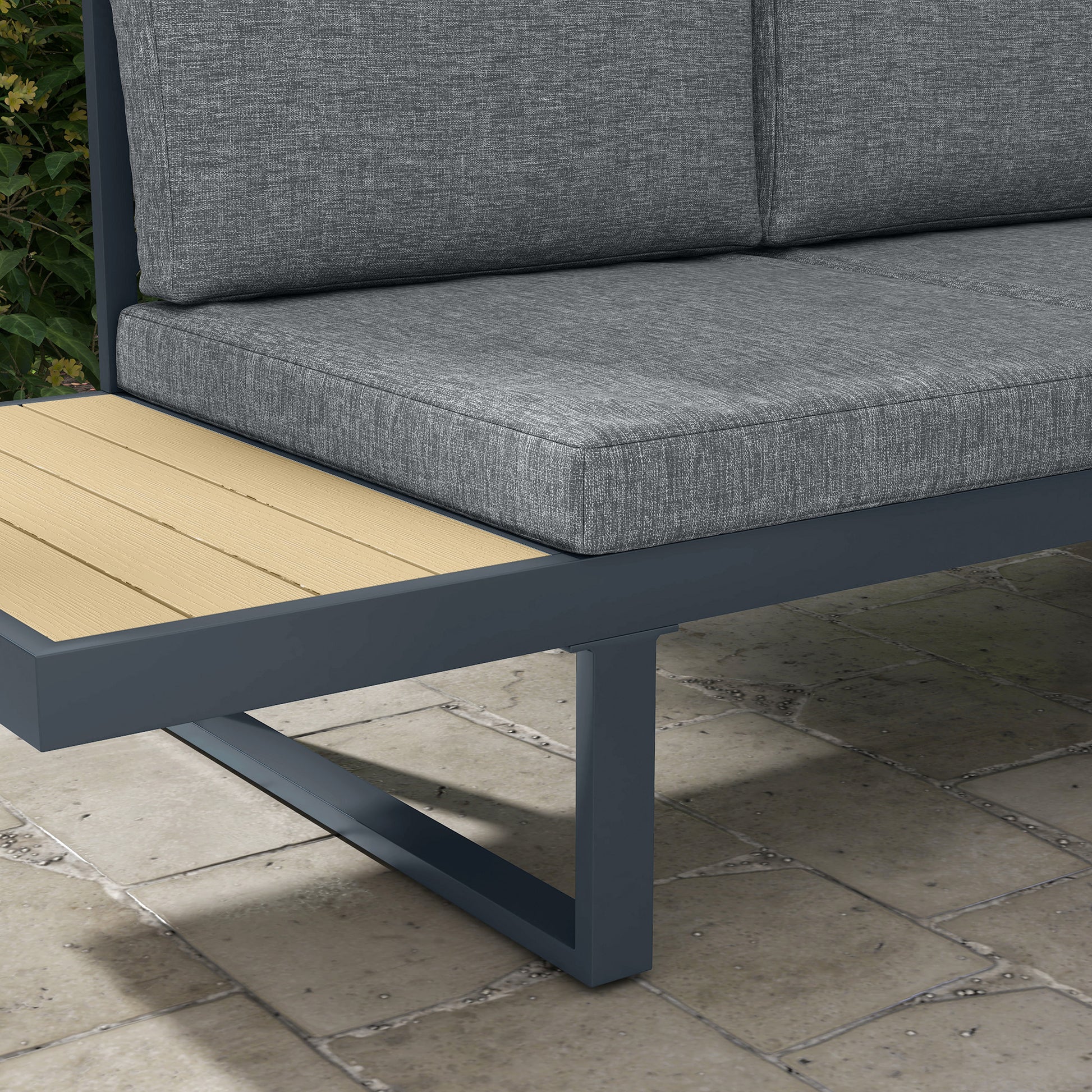 Outdoor Corner Garden Lounge Sofa Contemporary Design 5 Seater Furniture with Cushions Aluminum Coffee Table in Anthracite Grey and Wood Imitation