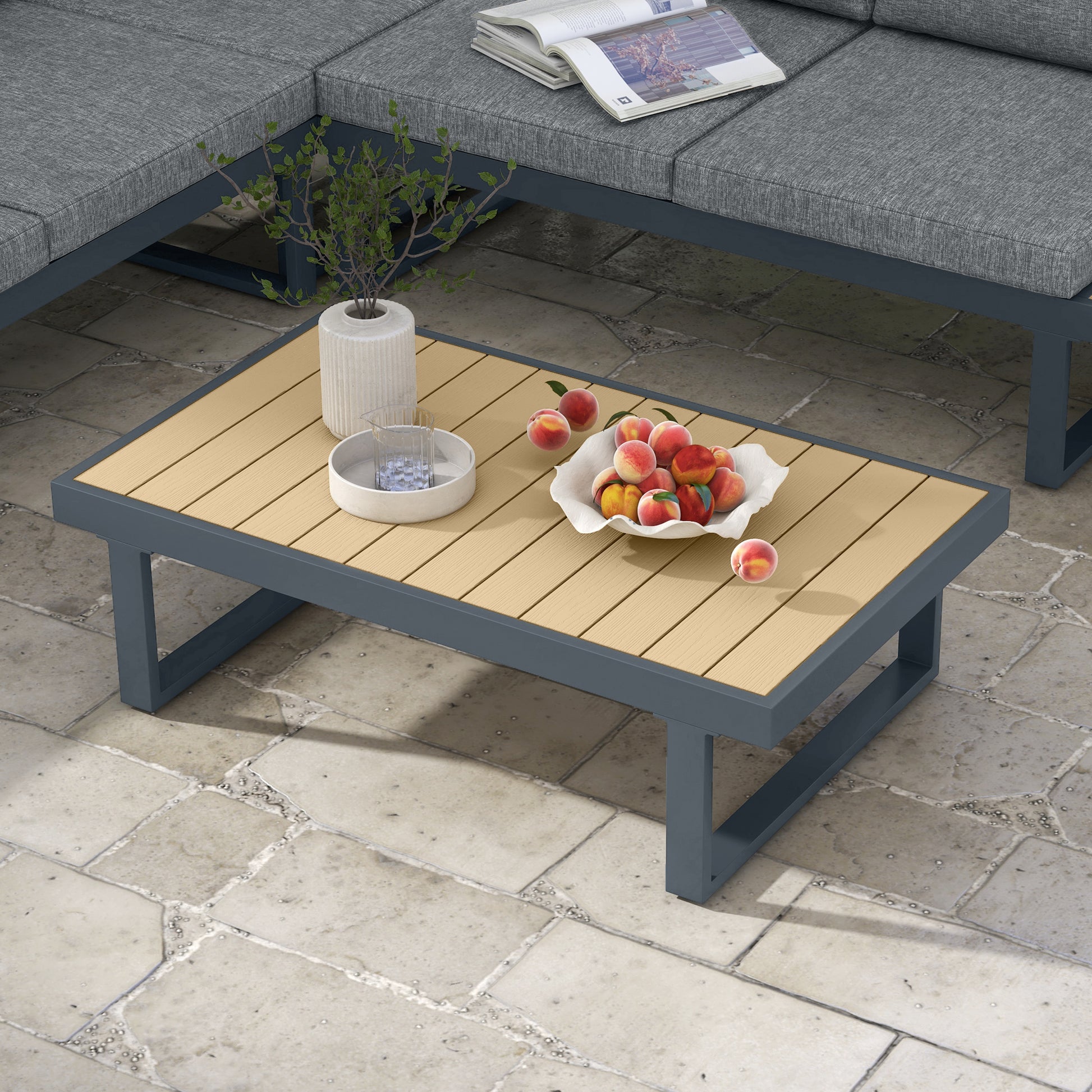 Outdoor Corner Garden Lounge Sofa Contemporary Design 5 Seater Furniture with Cushions Aluminum Coffee Table in Anthracite Grey and Wood Imitation