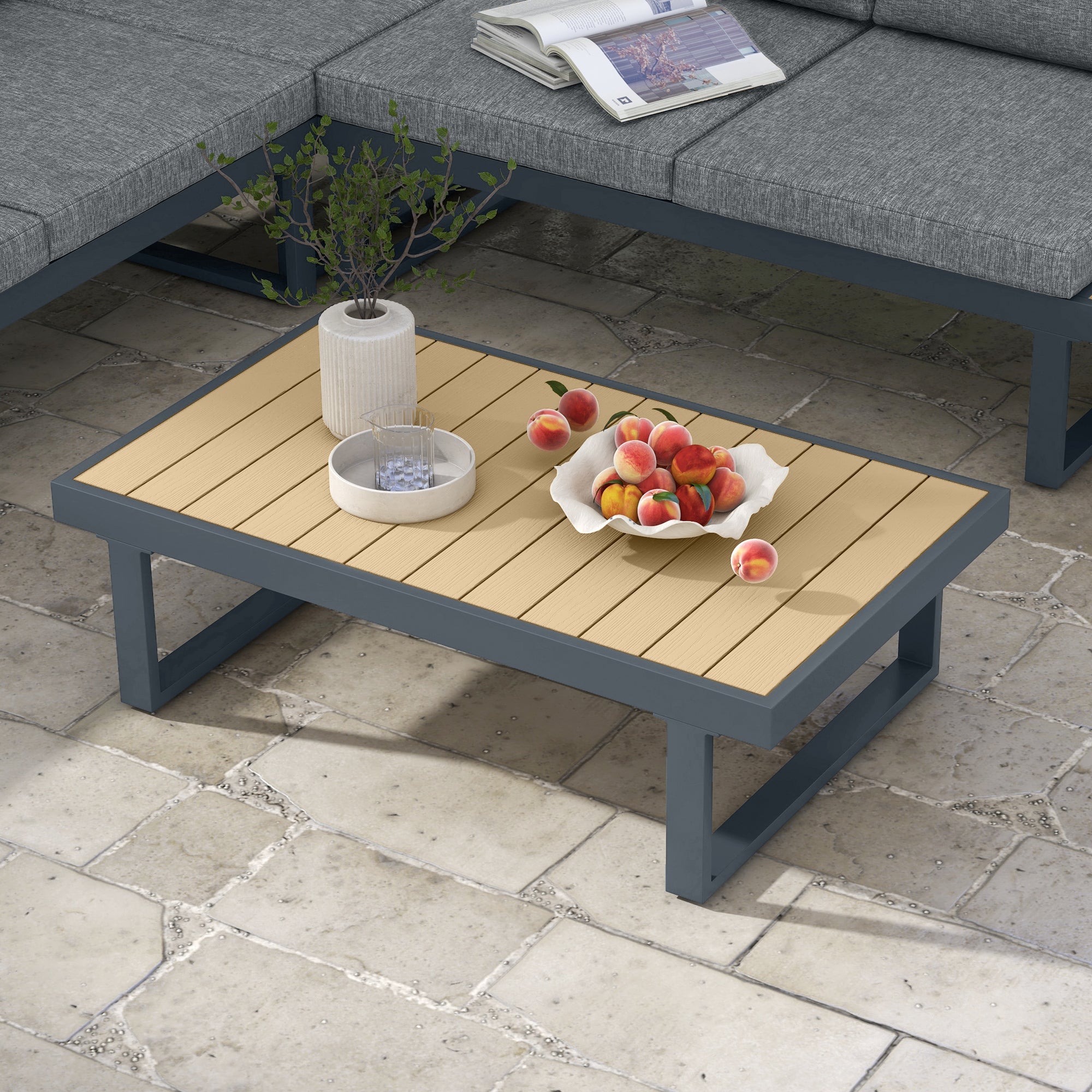 Outdoor Corner Garden Lounge Sofa Contemporary Design 5 Seater Furniture with Cushions Aluminum Coffee Table in Anthracite Grey and Wood Imitation
