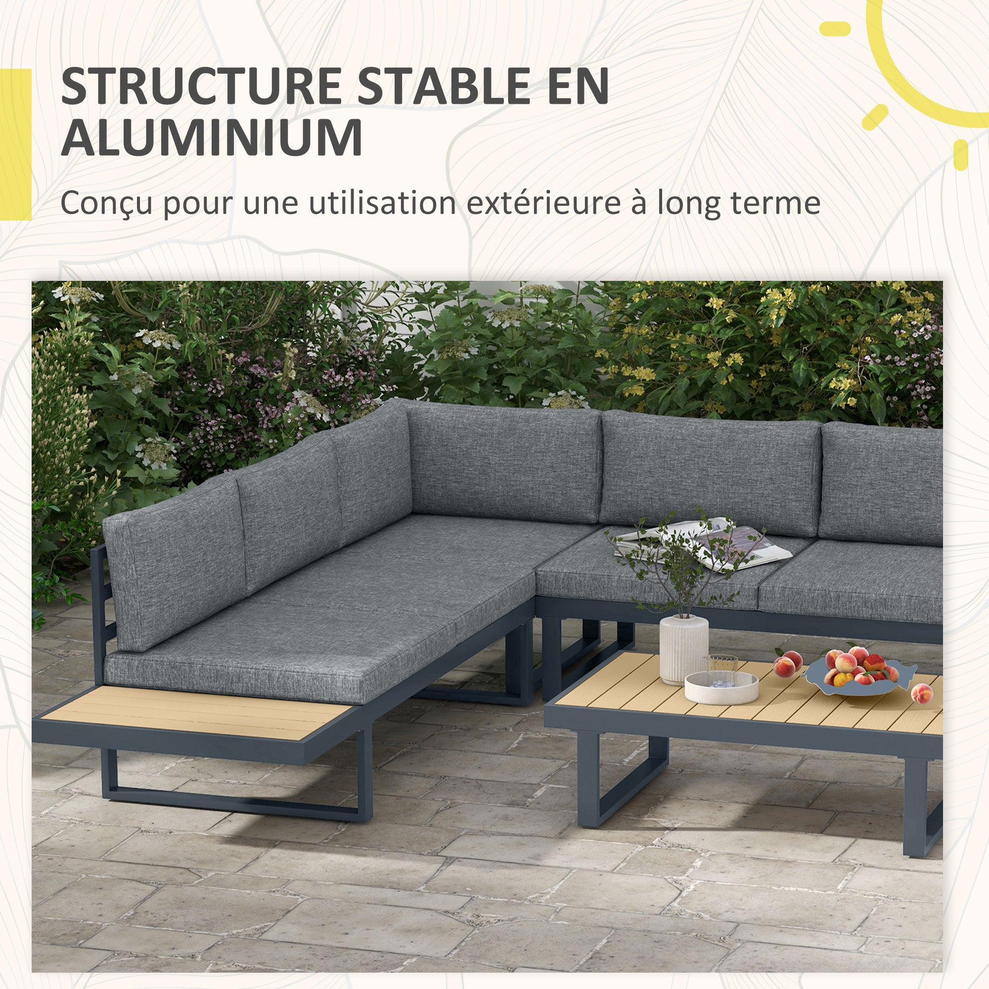 Outdoor Corner Garden Lounge Sofa Contemporary Design 5 Seater Furniture with Cushions Aluminum Coffee Table in Anthracite Grey and Wood Imitation
