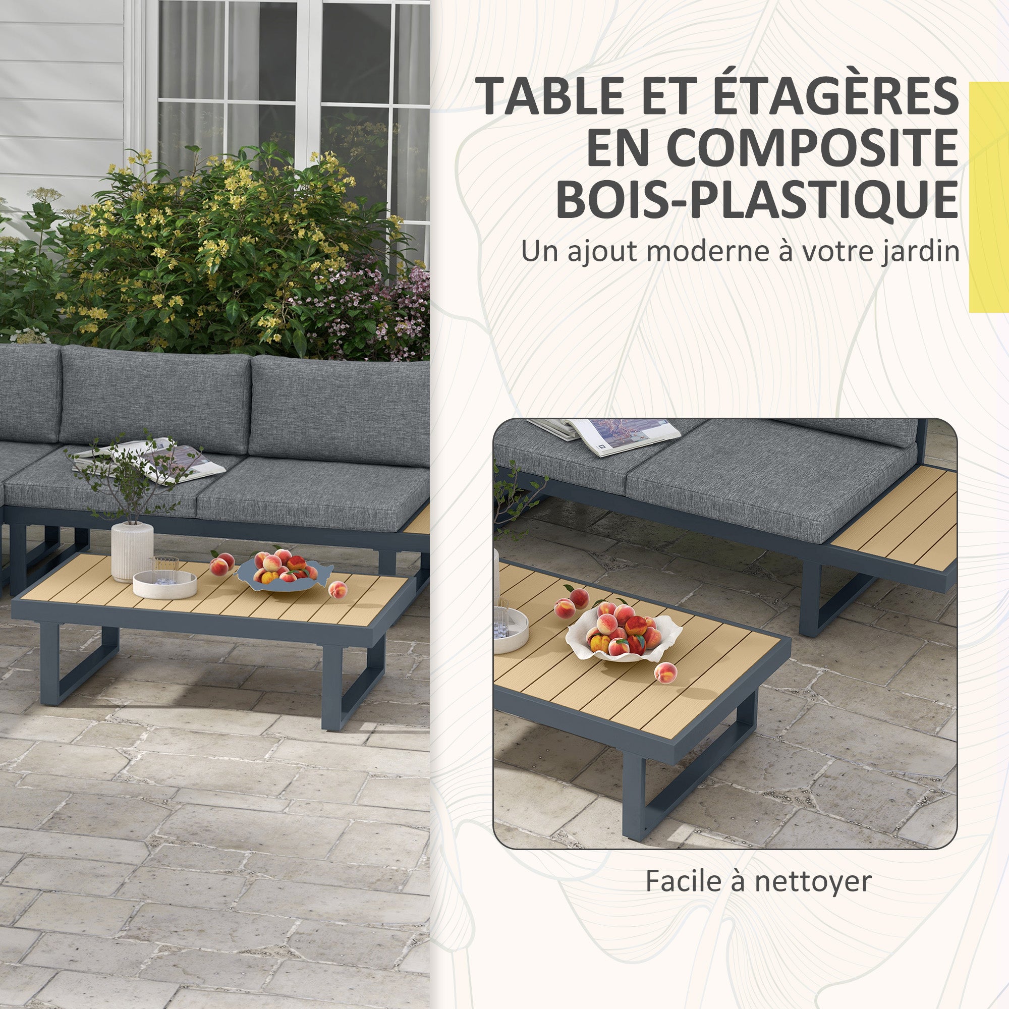 Outdoor Corner Garden Lounge Sofa Contemporary Design 5 Seater Furniture with Cushions Aluminum Coffee Table in Anthracite Grey and Wood Imitation