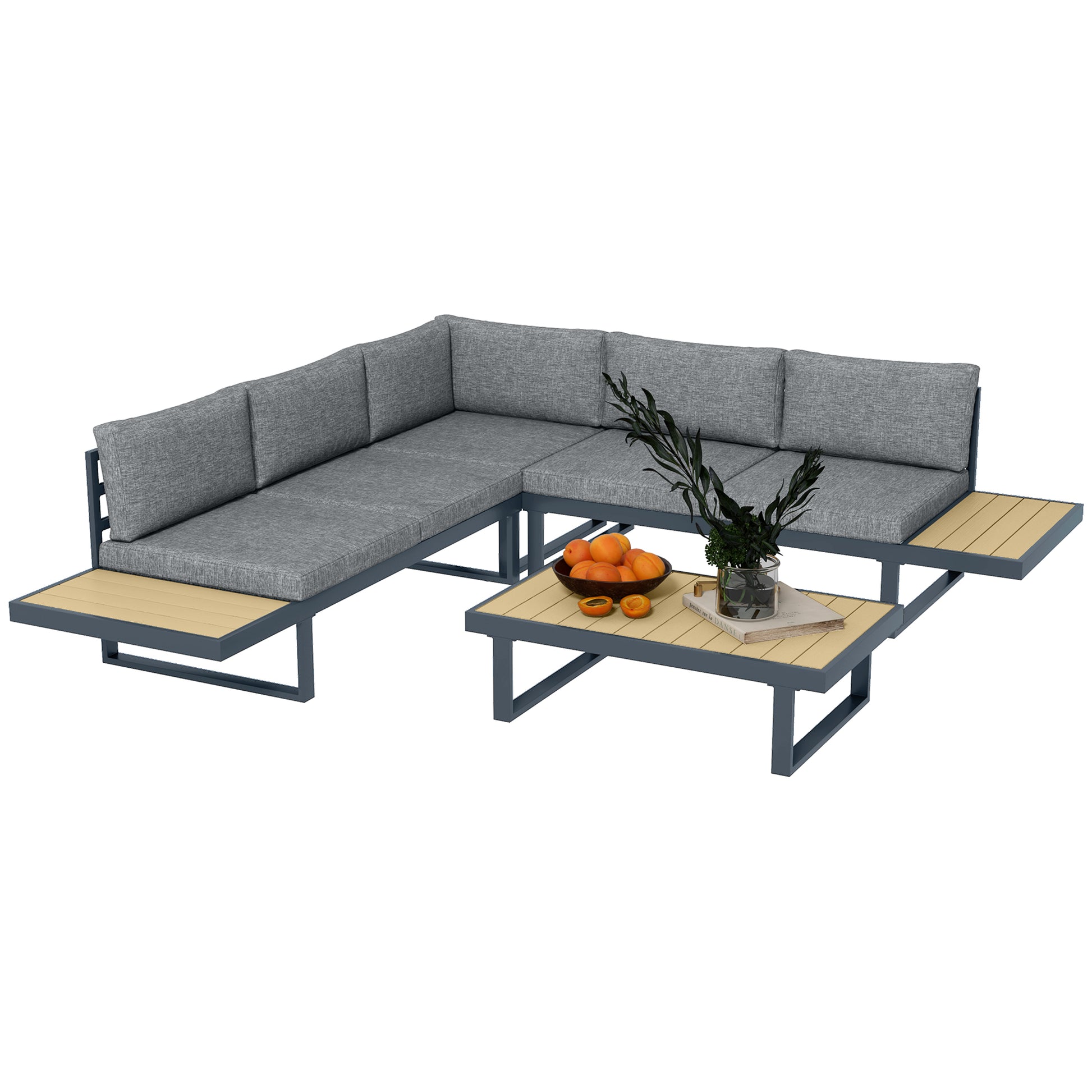 Outdoor Corner Garden Lounge Sofa Contemporary Design 5 Seater Furniture with Cushions Aluminum Coffee Table in Anthracite Grey and Wood Imitation