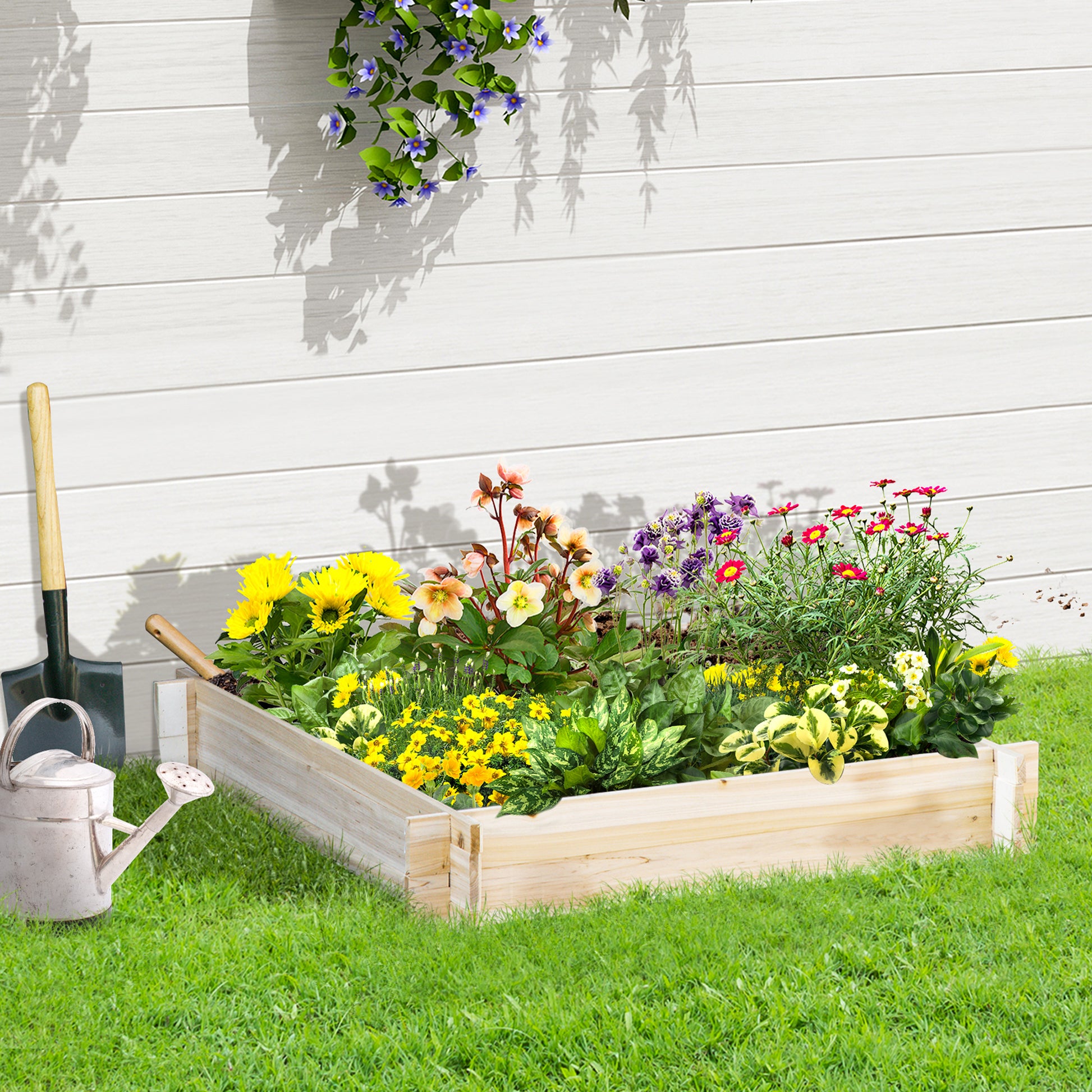 Square Wooden Garden Urban Planter Bed Flower Box for Crops Plants Flowers Herbs Patio 100x100x16 cm Natural
