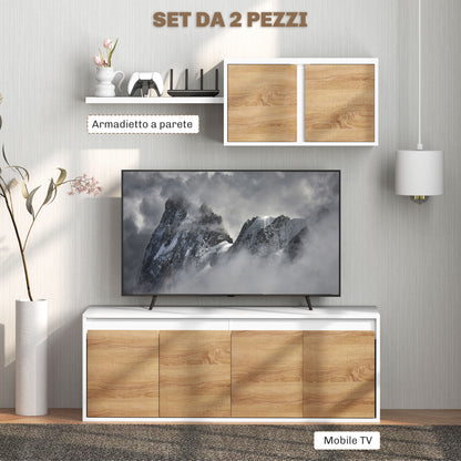TV Stand and Wall Cabinet Set with 7 Shelves and Open Shelf, Particle Board TV Stand, 120x41x43.3 cm, White and Wood Color
