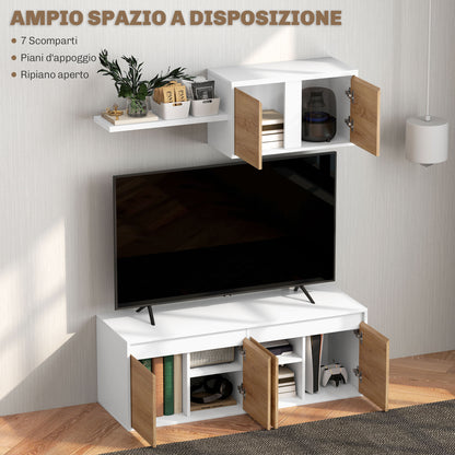 TV Stand and Wall Cabinet Set with 7 Shelves and Open Shelf, Particle Board TV Stand, 120x41x43.3 cm, White and Wood Color