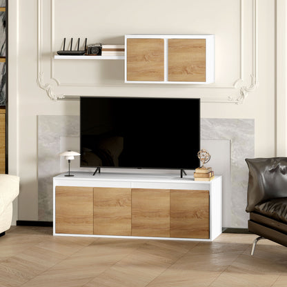 TV Stand and Wall Cabinet Set with 7 Shelves and Open Shelf, Particle Board TV Stand, 120x41x43.3 cm, White and Wood Color